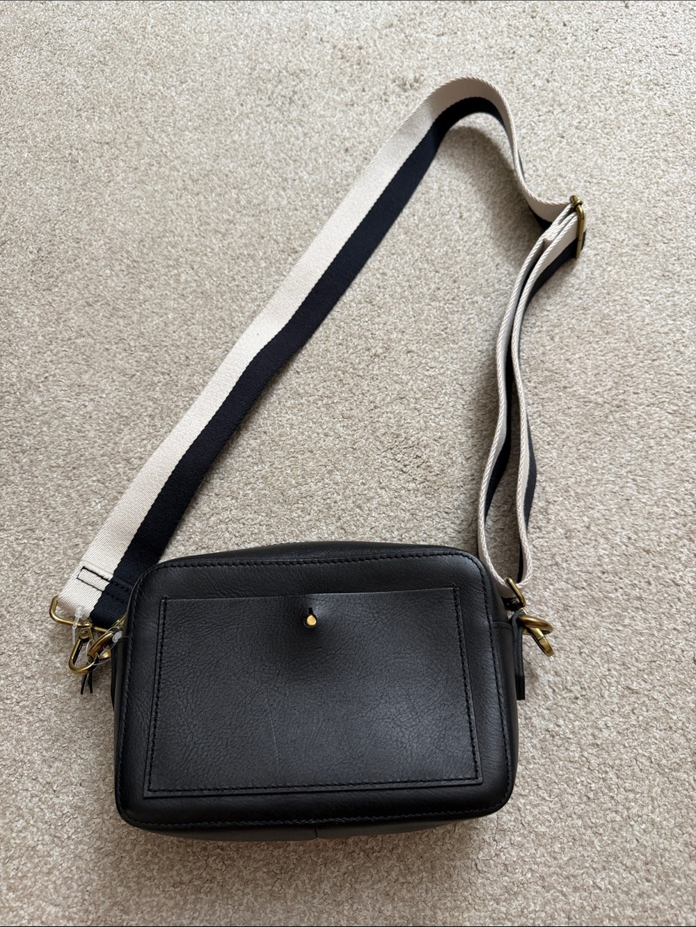 Madewell Black Crossbody with Cream-and-Black Stripe Strap- Brand New